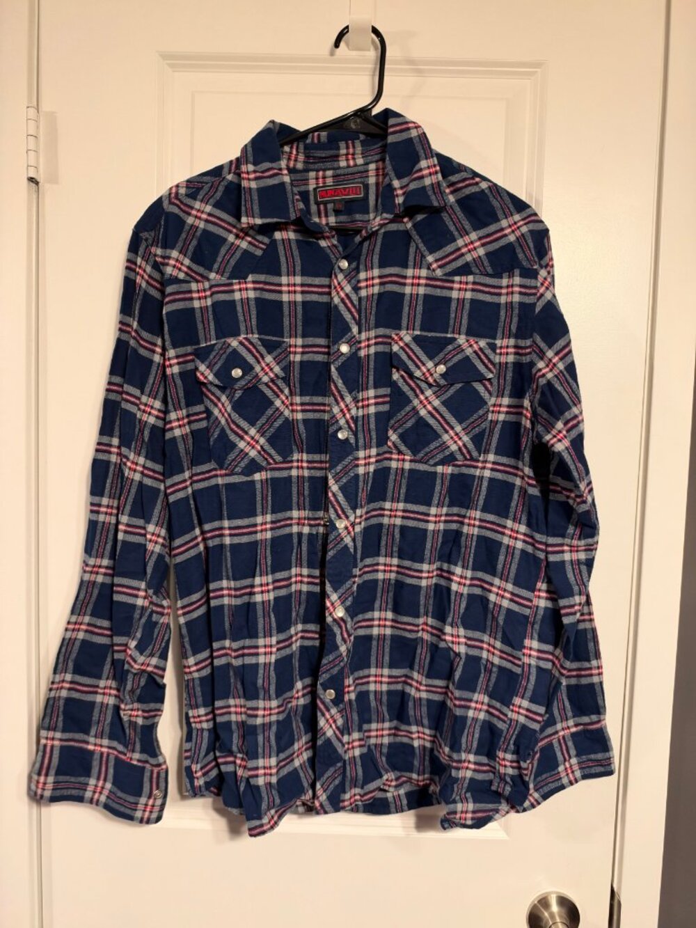 Nunavut Plaid Flannel Shirt - Men's L, Navy Red White, Snap Button